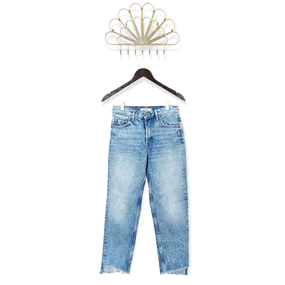 GRLFRND Helena High Rise Button Fly Light Wash Straight Leg Raw Hem Jeans